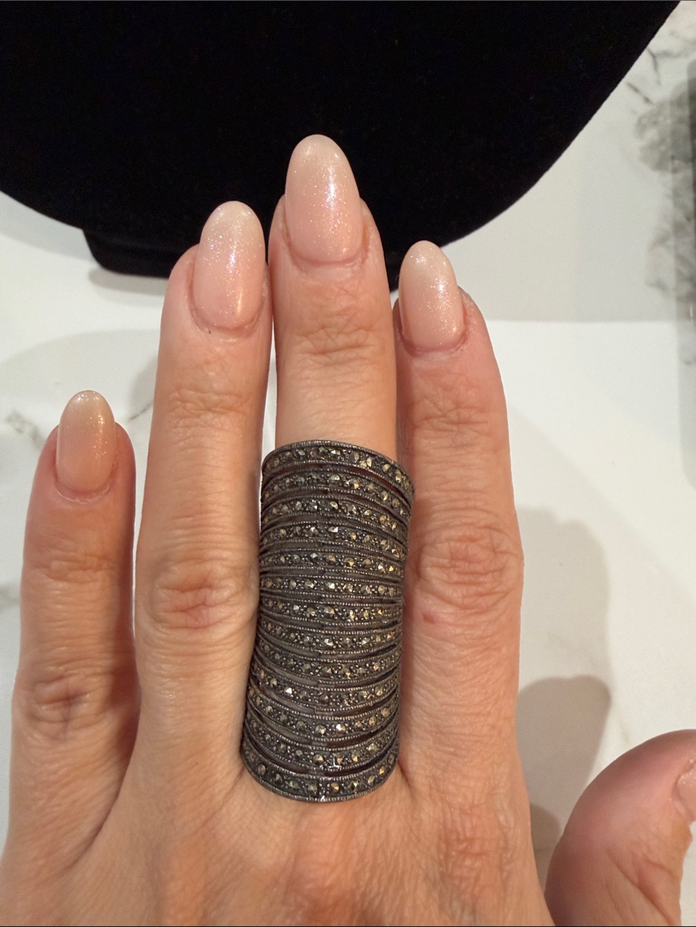 Statement Wide Pave Marcasite Long Dome Ring - Black